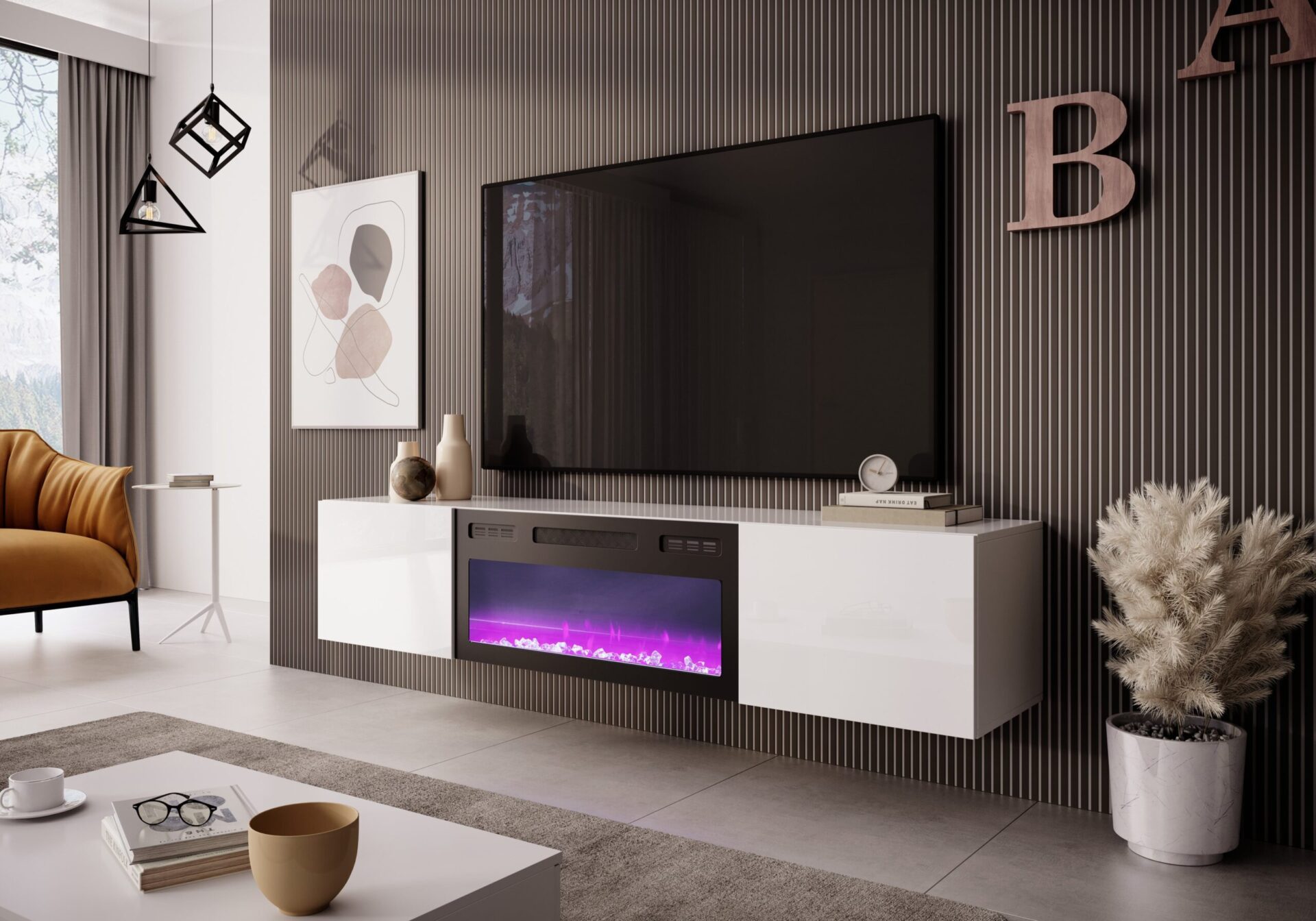 LIVO RTV 180 TV statīvs ar kamīnu, balts