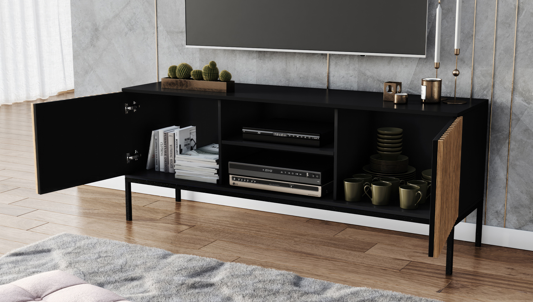Meorati 150 TV statīvs, melns/māksliniecisks ozols — 4 attēls