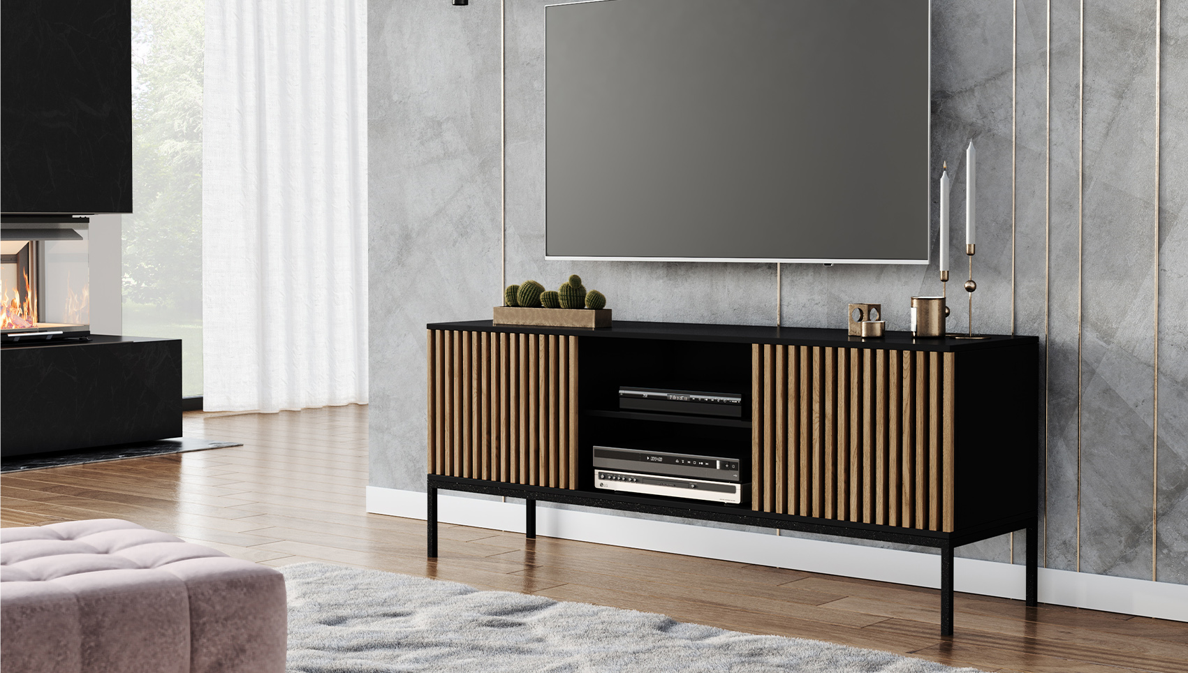 Meorati 150 TV statīvs, melns/māksliniecisks ozols — 2 attēls