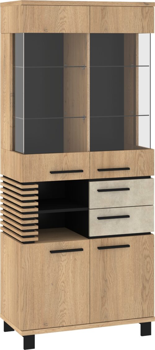 MILAR 15 augsts vitrīnas skapis viesistabai, 2x2x2 cm, ozolkoka krāsā, melnu mandeļu krāsā