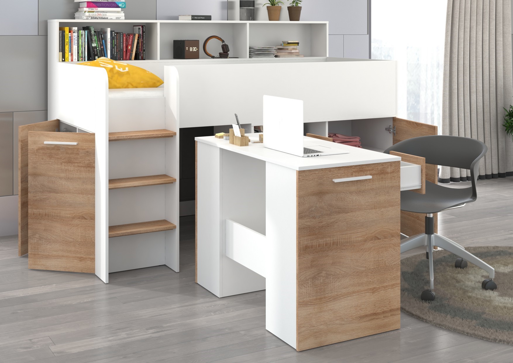 Bērnu divstāvu gulta jauniešiem, mezzanine ENO L, balta/sonoma ozols — изображение 4