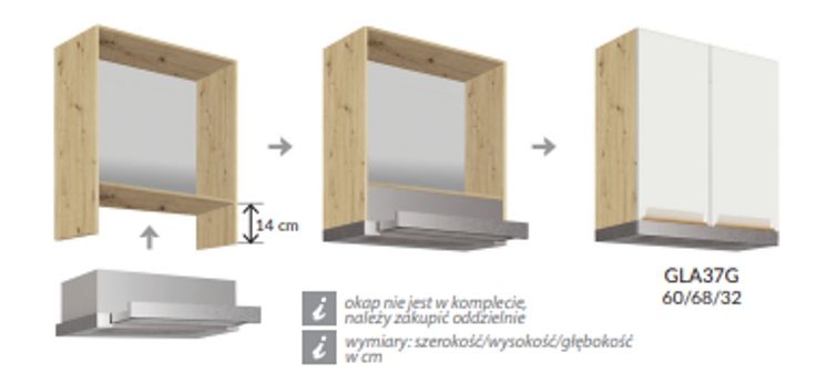 Augšējais skapītis 60 cm Premio PRE-37G tvaika nosūcējam — изображение 3