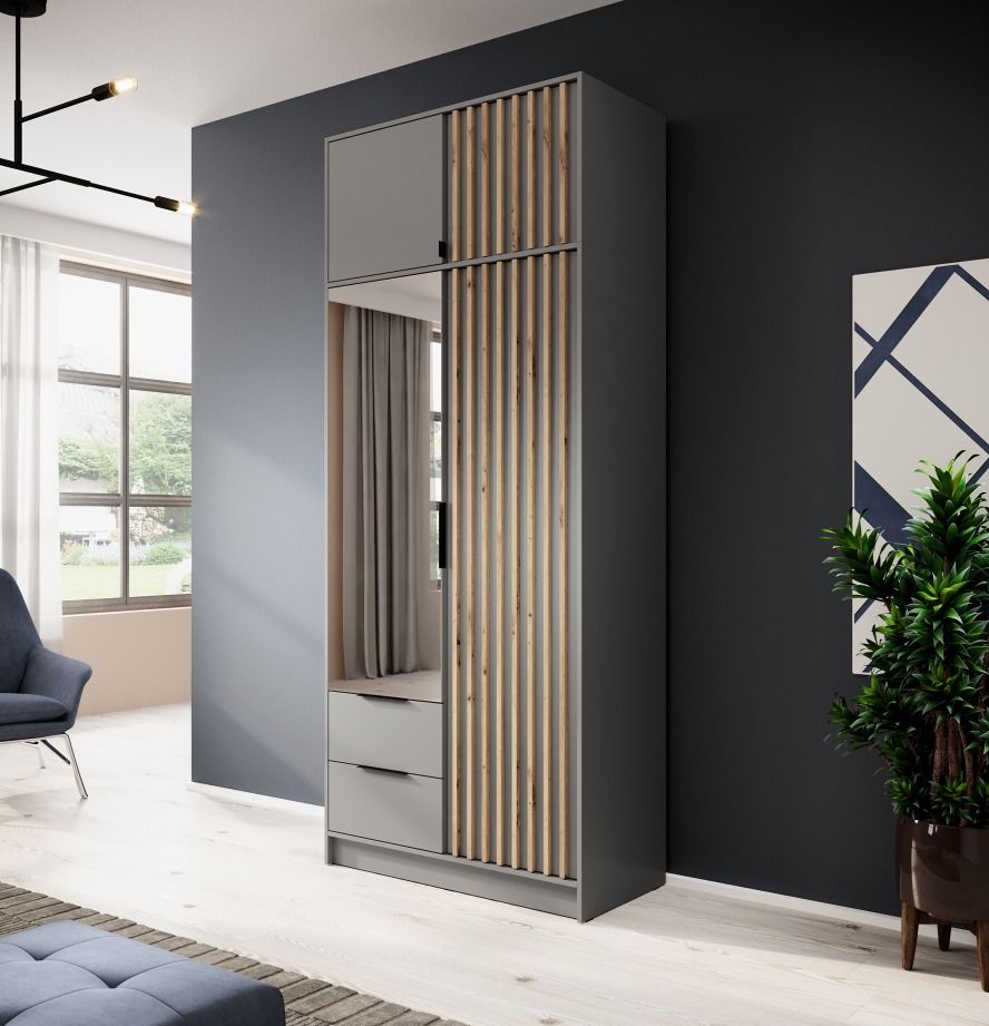 Nelly 2D skapis ar restēm, pelēks, ar spoguli — 5 attēls