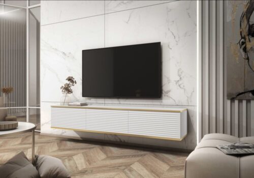 Pie sienas stiprināms vai brīvi stāvošs TV skapis 135 vai 175 cm, balts, rievots MDF