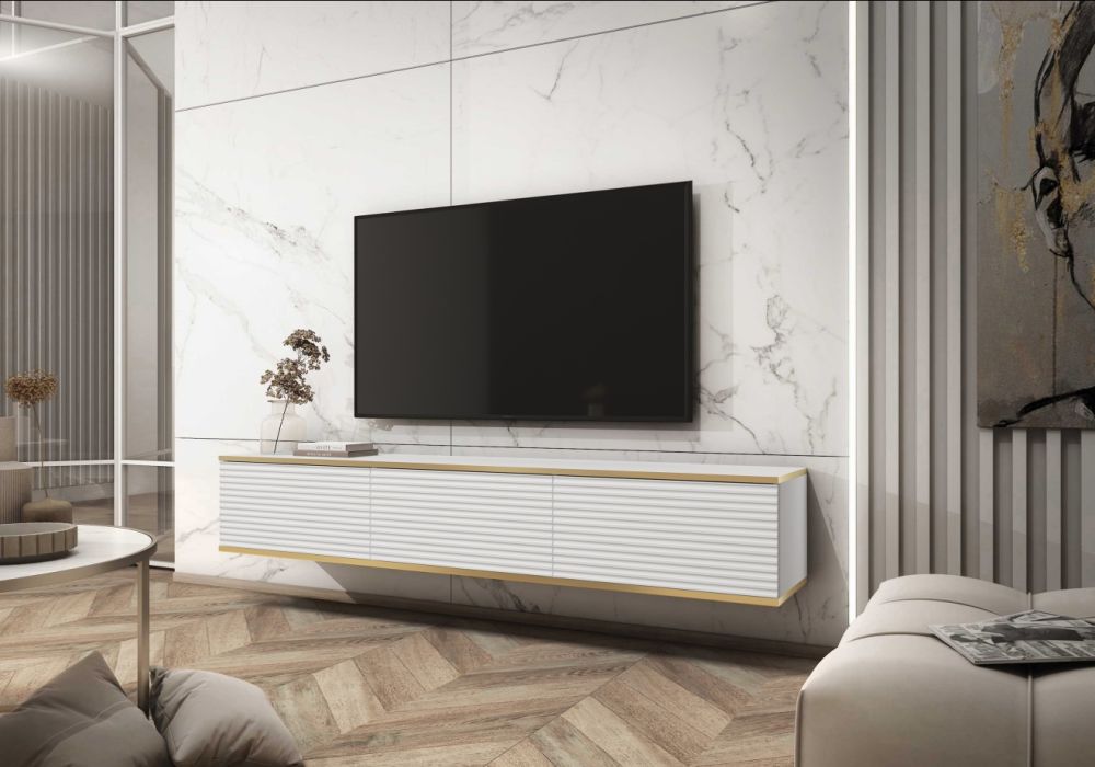 Pie sienas stiprināms vai brīvi stāvošs TV skapis 135 vai 175 cm, balts, rievots MDF