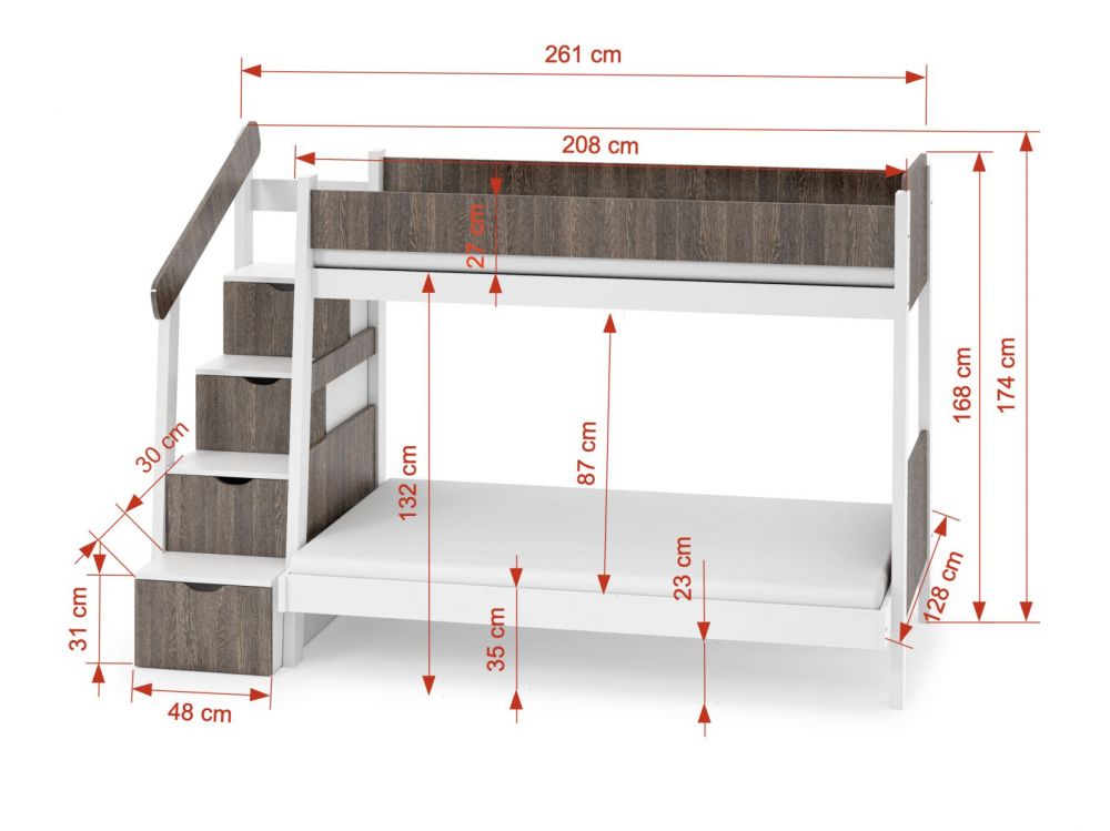 Divstāvu gulta ar kāpnēm un uzglabāšanas kastēm PARYS 3 personām 90x200 cm — изображение 2