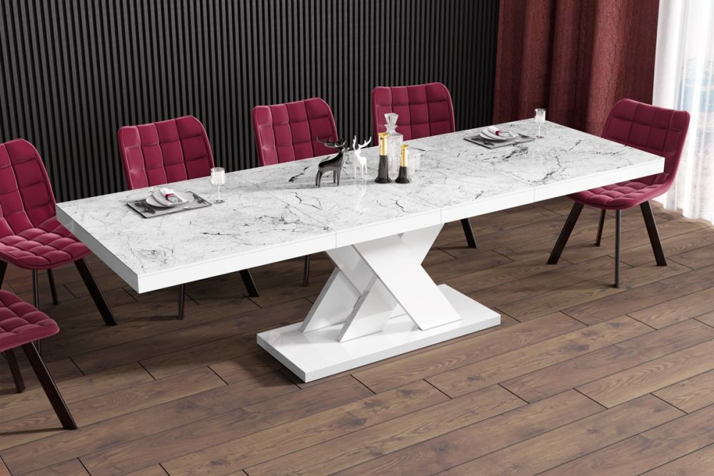 XENON LUX izvelkams galds 160(256)x89 balts marmors/balta spīdīga krāsa