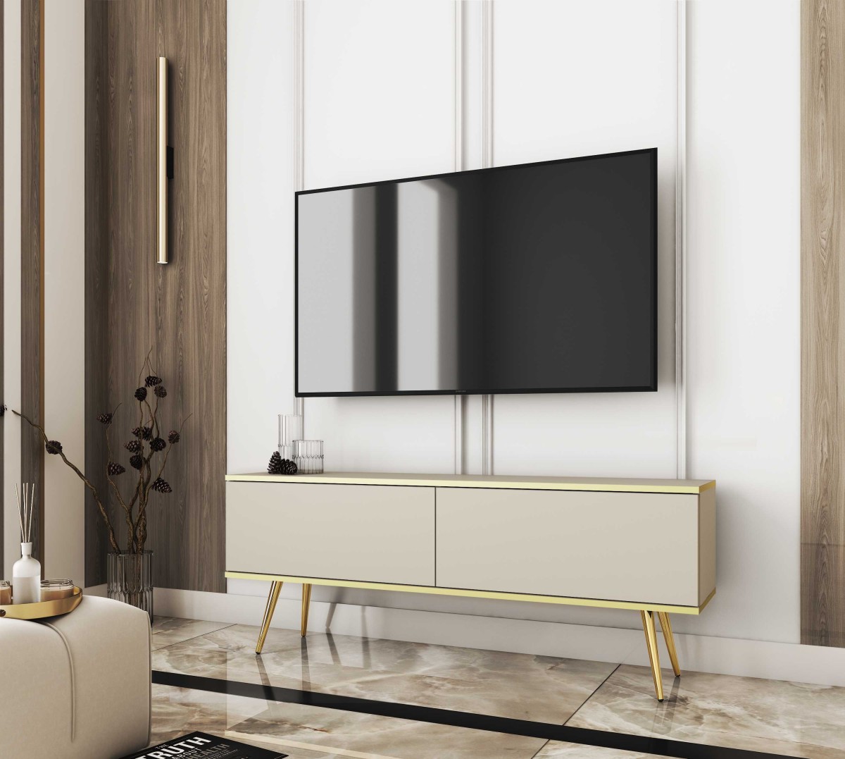 "Oro" pie sienas stiprināms vai brīvi stāvošs TV skapītis, 135 vai 175 cm, bēšs