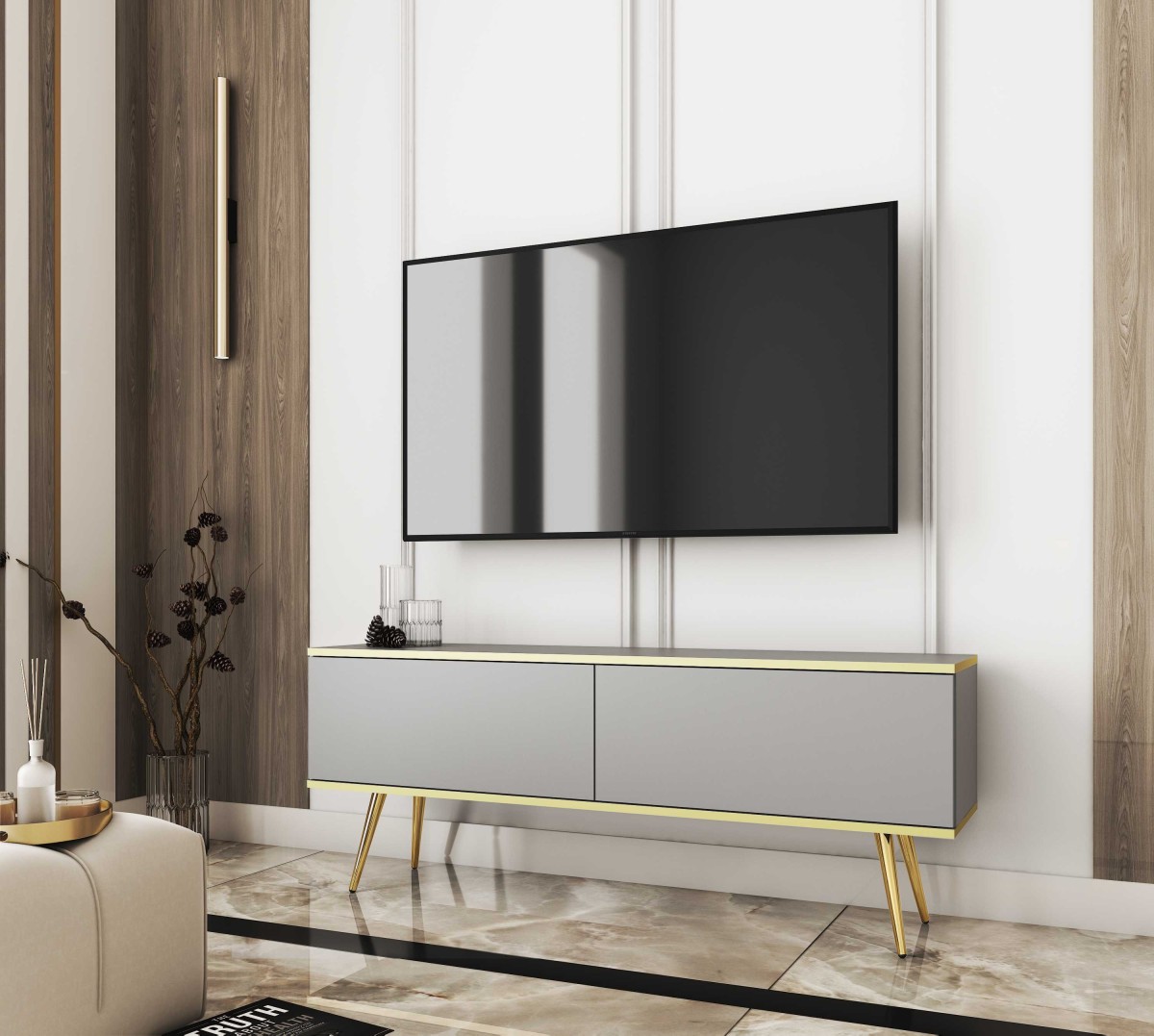Oro pie sienas stiprināms vai brīvi stāvošs TV skapītis, 135 vai 175 cm, pelēks