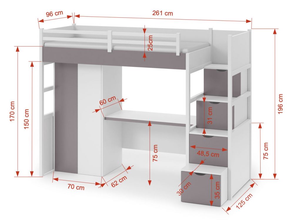 TRISTAN mezzanine ar divstāvu gultu, skapi un rakstāmgaldu 90x200 cm — изображение 4