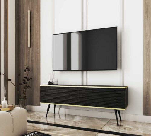 Pie sienas stiprināms vai brīvi stāvošs TV skapis 135 vai 175 cm, melns, rievots MDF plāksne