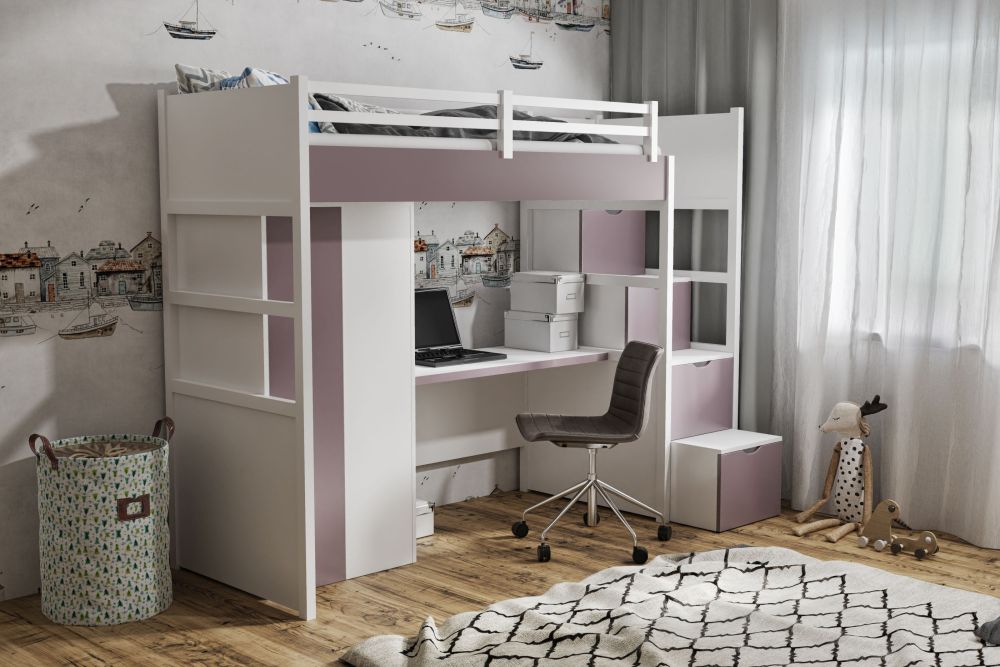 TRISTAN mezzanine ar divstāvu gultu, skapi un rakstāmgaldu 90x200 cm