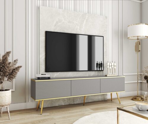 Pie sienas stiprināms vai brīvi stāvošs TV skapis 135 vai 175 cm, pelēks, rievots MDF plāksne