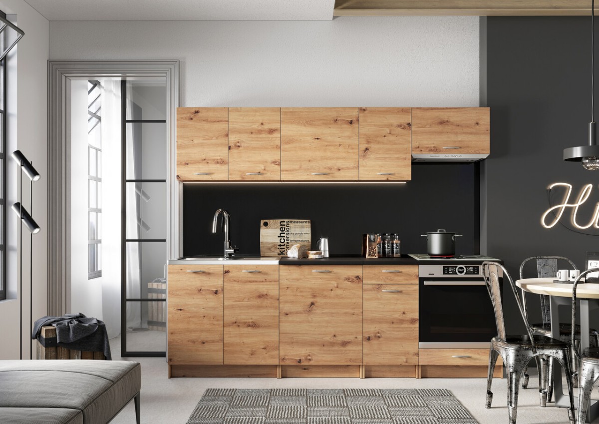 Mela virtuve 240 cm ar DK māksliniecisko ozolkoka virsmu - ĪPAŠAIS PIEDĀVĀJUMS