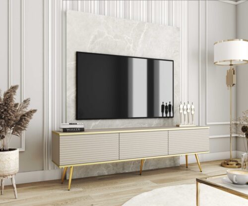 Pie sienas stiprināms vai brīvi stāvošs TV skapis 135 vai 175 cm, bēšs, ar MDF rievām
