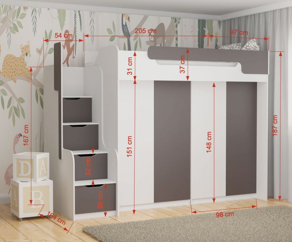 Divstāvu gulta DORIAN III uz mezanīna ar diviem skapjiem 90x200 cm — 7 attēls