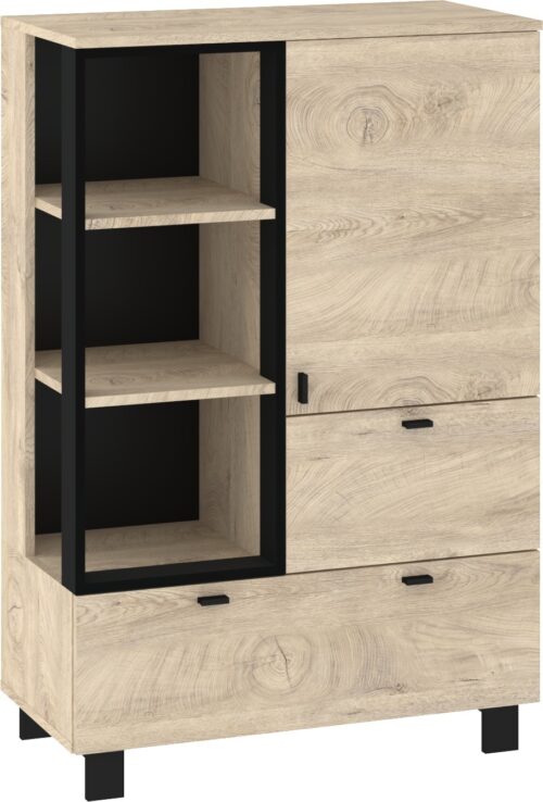 GAVES 06 mēbeles, zems grāmatu plaukts ar atvilktnēm, loft stils, ozolkoka imitācija, melns