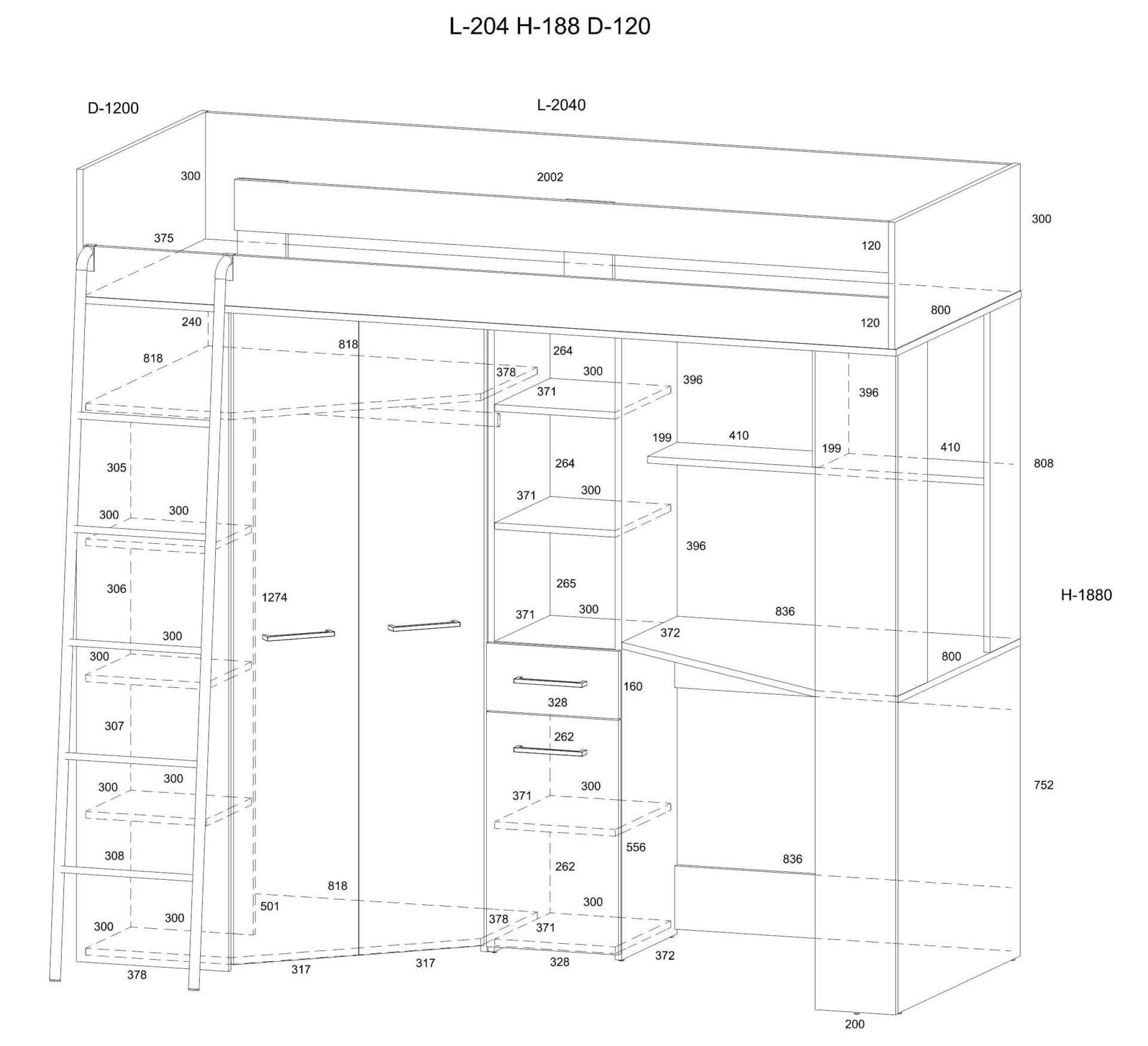 Divstāvu gulta ar galdu, stūra skapis, mezzanine FLO L craft balts grafīts — изображение 7