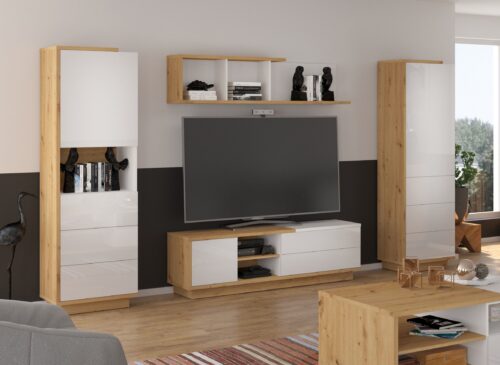 BRITA mēbeles #3 sienas skapis, grāmatu plaukts, TV statīvs, plaukts, artisan ozols, balta spīdīga krāsa
