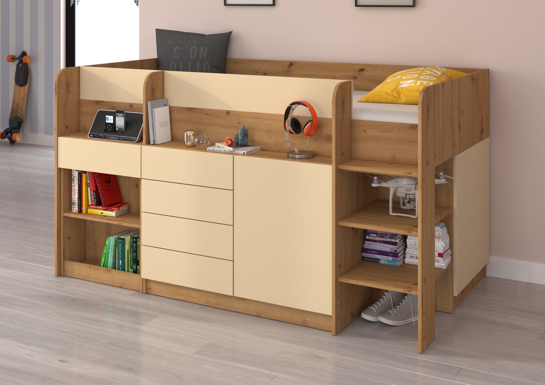 EMI P divstāvu gulta, rakstāmgalds, kumode, mezzanine, Artisan Oak Cream — изображение 2