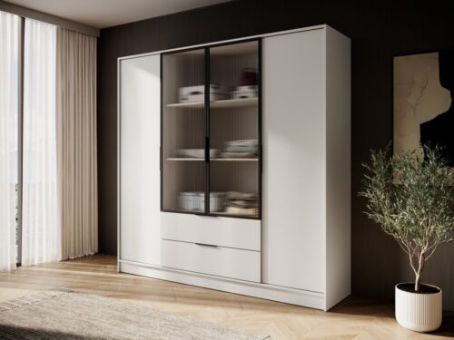 Loft stila skapis ar 4 durvīm, rievām un atvilktnēm, Kelly 4D RM plauktiem