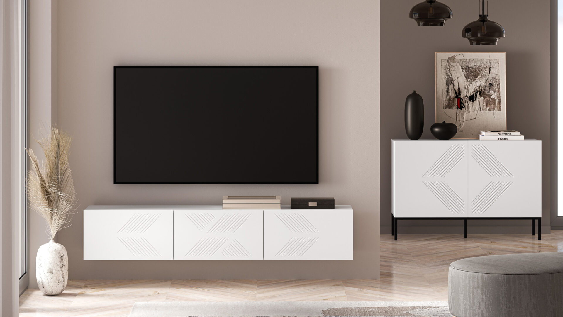 Clearing 07 Alpine White - Pie sienas stiprināms 3K TV skapītis — 7 attēls