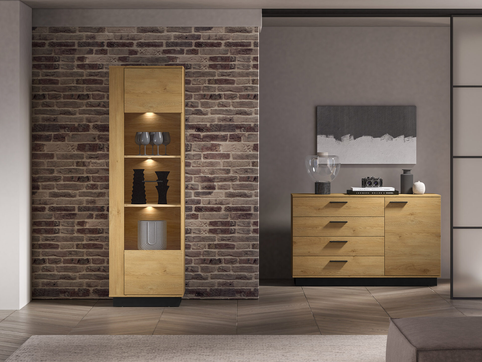 MODESTO 02 stilīgs ozols/melns – 1D vitrīna — изображение 12