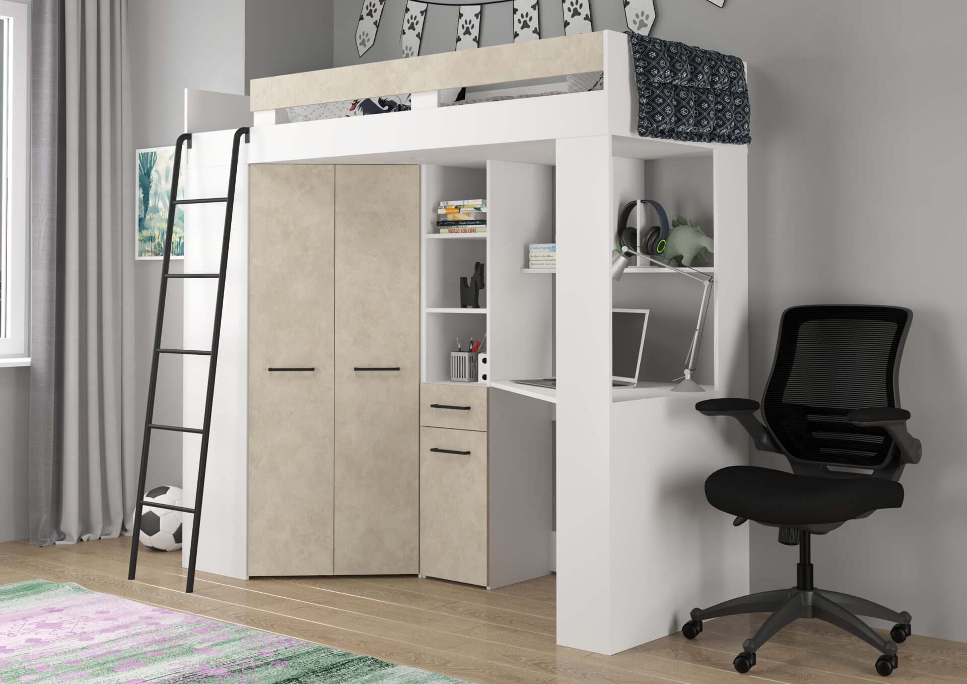 Divstāvu gulta ar galdu, stūra skapis, mezzanine FLO L, balta, mandeļu krāsā — изображение 2