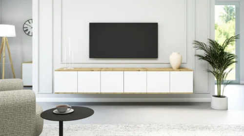 Skandināvu stila pie sienas stiprināms TV skapītis, 210 cm, “Sevilja”