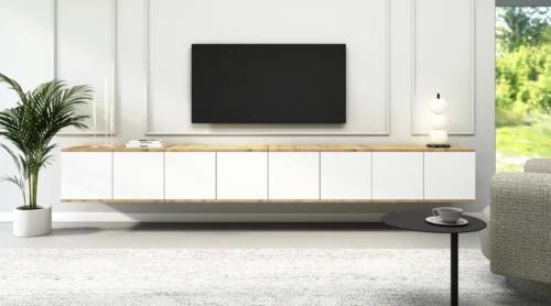 Skandināvu stila pie sienas stiprināms TV skapītis, 280 cm, “Sevilja”