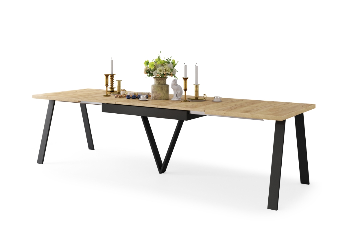 AVERY Gold Craft ozolkoka/melna pamatnes galds - LOFT/INDUSTRIAL galds viesistabai/ēdamistabai, izvelkams - 2 izmēri!
