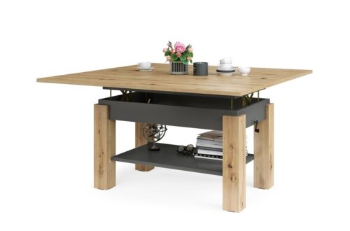 BRAWO Artisan Oak/Anthracite – Kafijas galdiņš ar izvelkamu un paceļamu galda virsmu Kafijas galdiņš ar plauktu