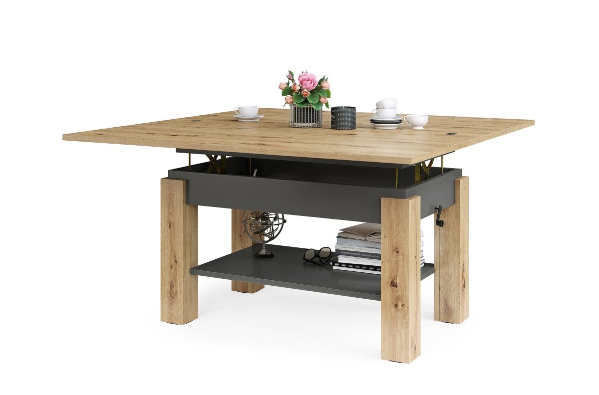 BRAWO Artisan Oak/Anthracite - Kafijas galdiņš ar izvelkamu un paceļamu galda virsmu Kafijas galdiņš ar plauktu