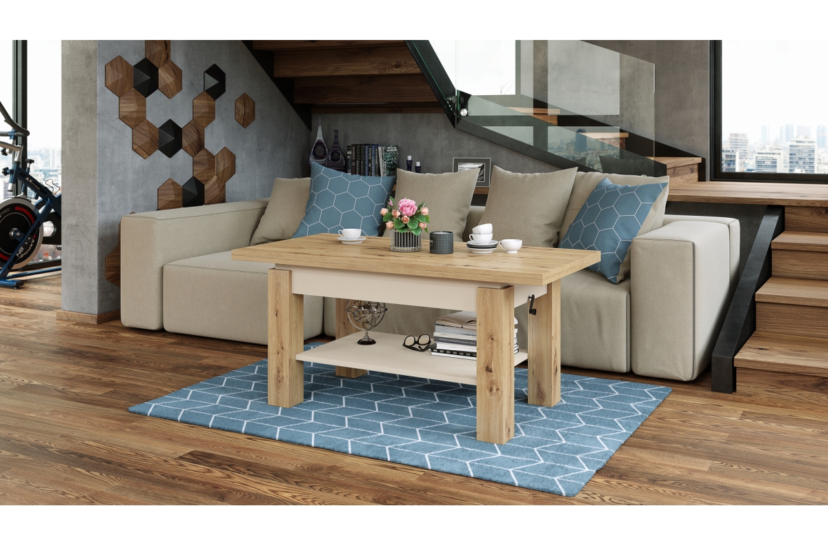 BRAWO Artisan Oak/Beige (Champagne) - Kafijas galdiņš ar izvelkamu un paceļamu galda virsmu Kafijas galdiņš ar plauktu — изображение 3