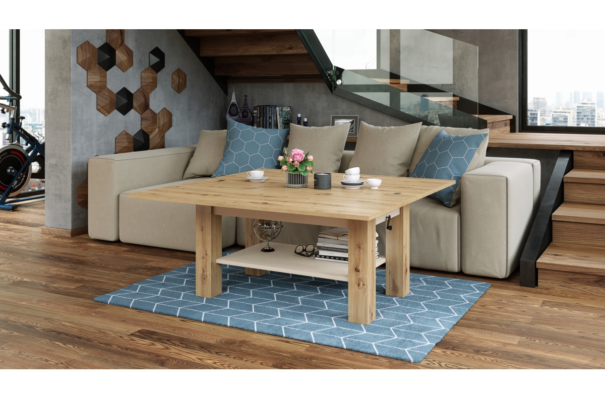 BRAWO Artisan Oak/Beige (Champagne) - Kafijas galdiņš ar izvelkamu un paceļamu galda virsmu Kafijas galdiņš ar plauktu — изображение 5