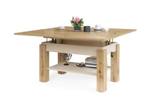 BRAWO Artisan Oak/Beige (Champagne) – Kafijas galdiņš ar izvelkamu un paceļamu galda virsmu Kafijas galdiņš ar plauktu