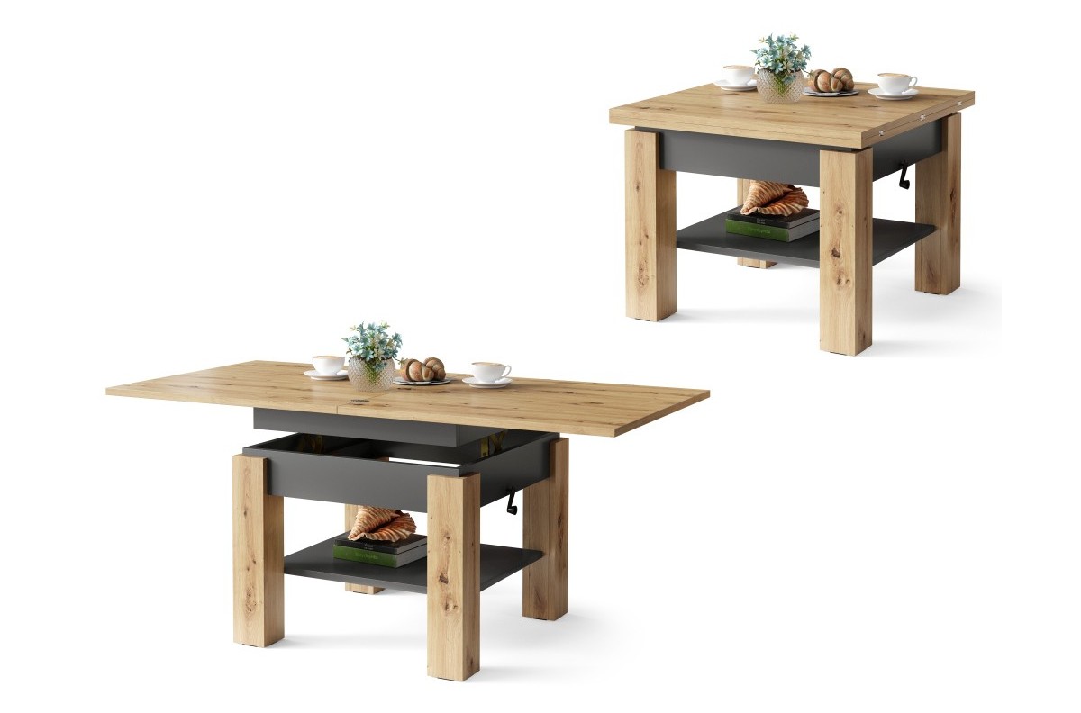CLEO Artisan Oak/Anthracite - Kafijas galdiņš ar izvelkamu un paceļamu virsmu