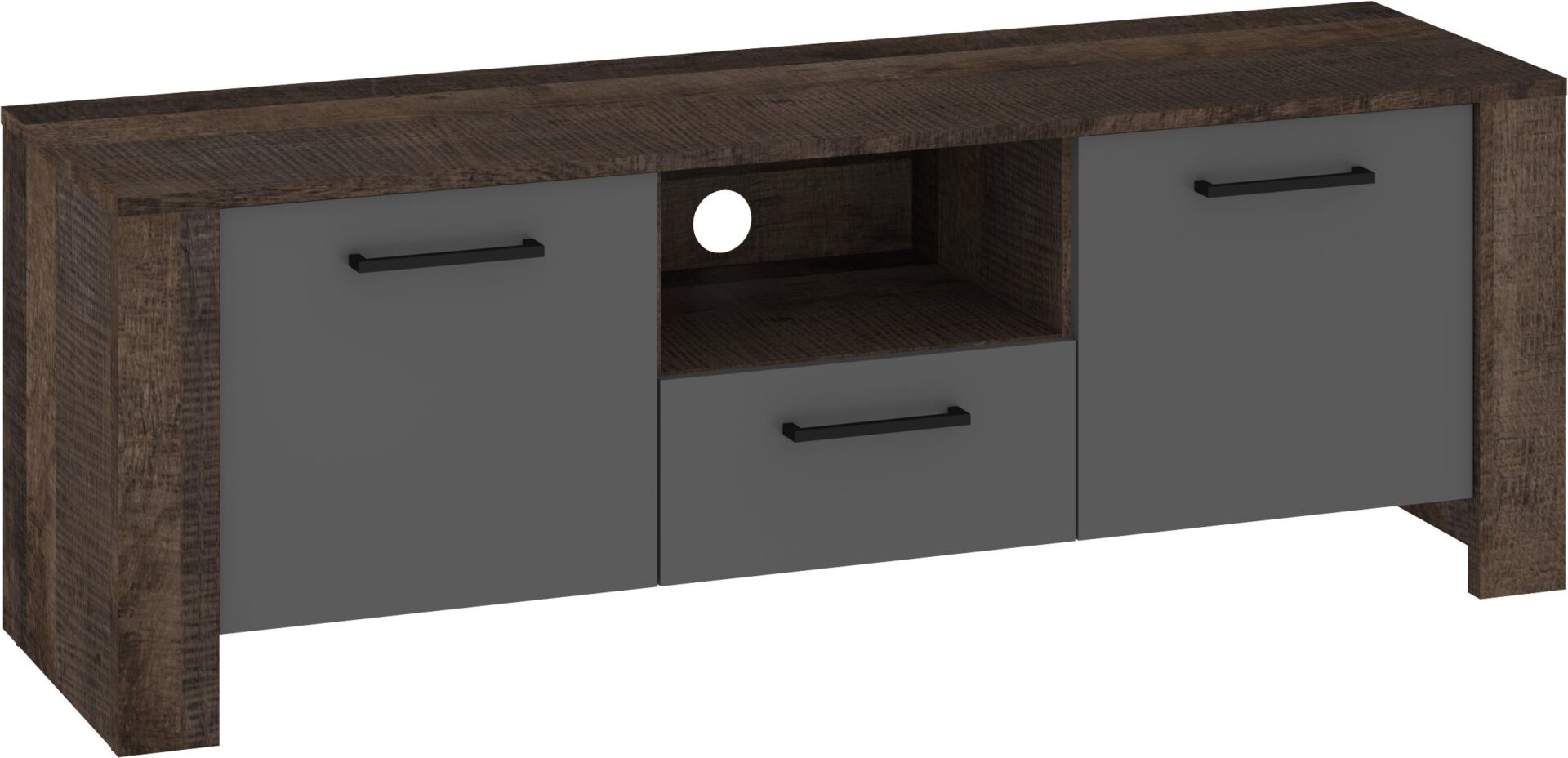 DELIS kumode ar 10 atvilktnēm, TV statīvs, 140 cm, ozols, granīta krāsa, grafīta krāsa