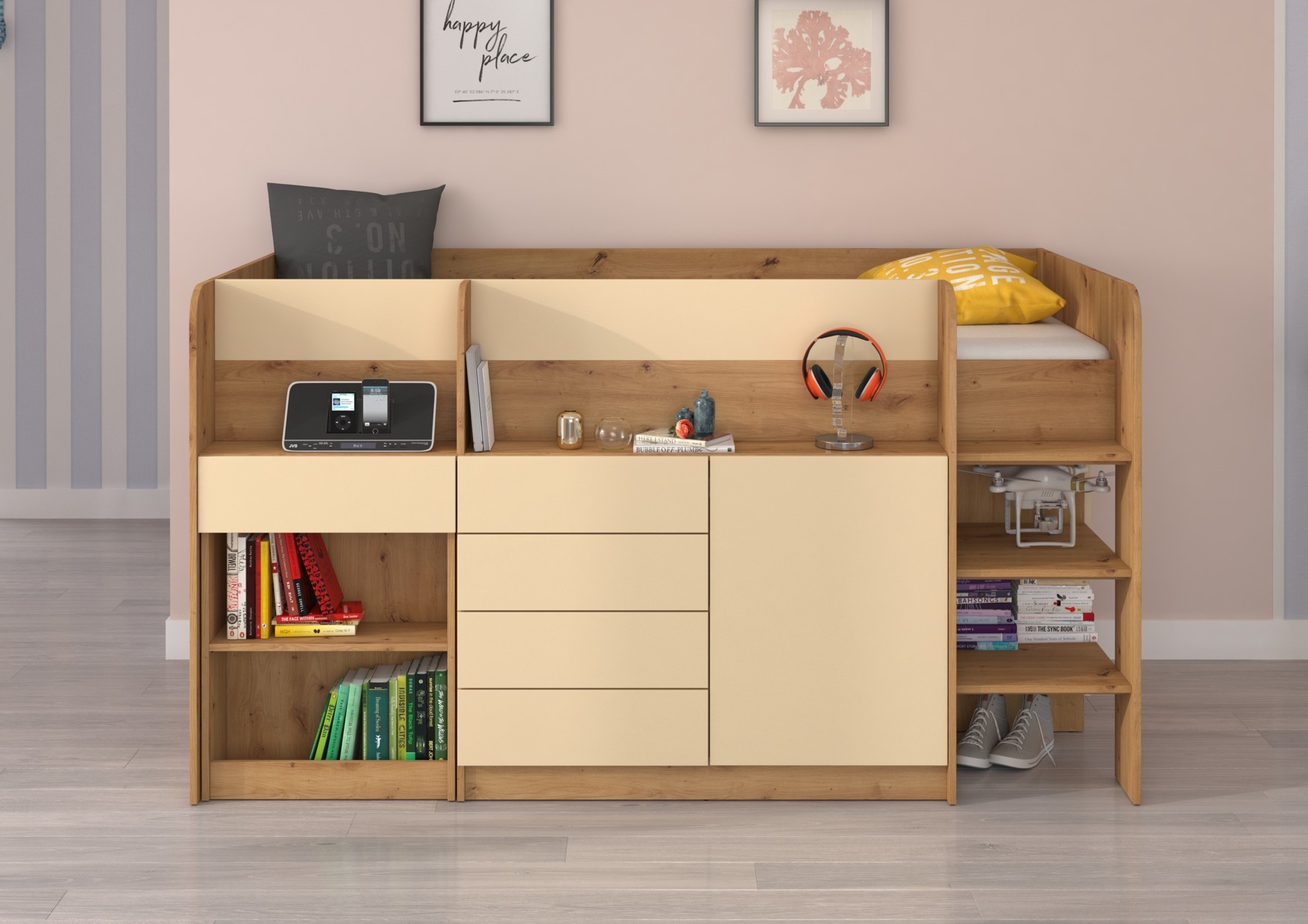 EMI P divstāvu gulta, rakstāmgalds, kumode, mezzanine, Artisan Oak Cream — изображение 3