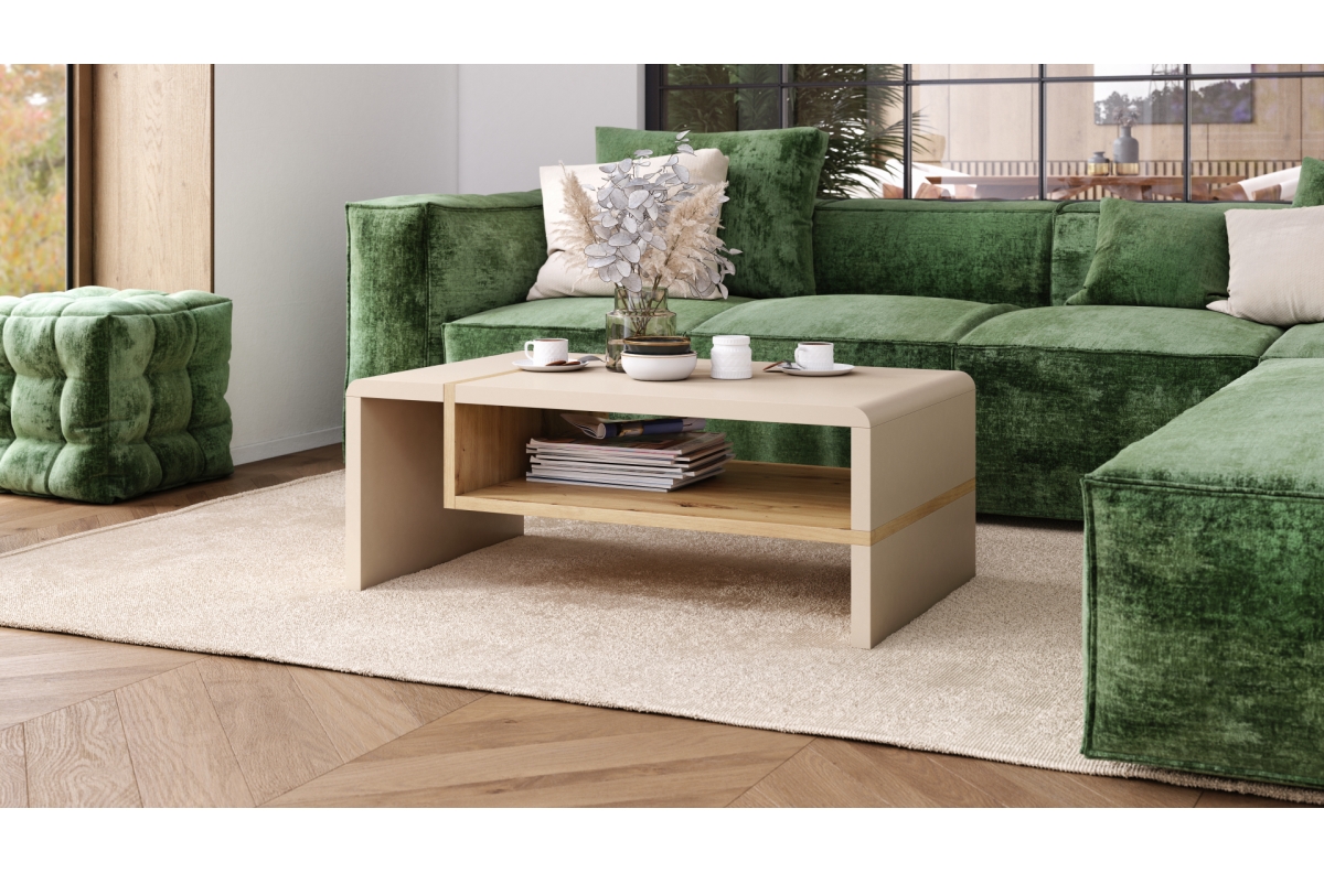 FOLK Beige (Champagne) / Artisan Oak – MODERNS KAFIJAS GALDIŅŠ AR PLAUKTU — 2 attēls