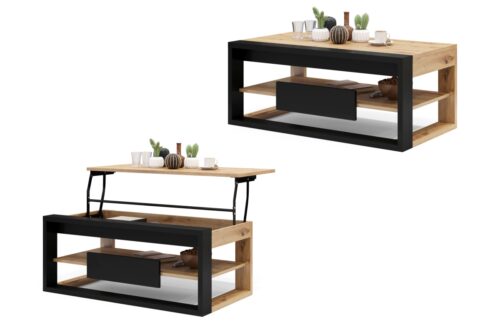 RĀMIS Artisan Ozols/Matēti Melns – MODERNS KAFIJAS GALDIŅŠ AR PACELAMU VIRSMU + UZGLABĀŠANAS NODALĪJUMU + PLAUKTU
