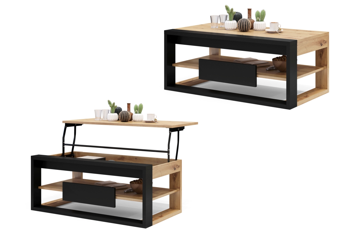 RĀMIS Artisan Ozols/Matēti Melns - MODERNS KAFIJAS GALDIŅŠ AR PACELAMU VIRSMU + UZGLABĀŠANAS NODALĪJUMU + PLAUKTU