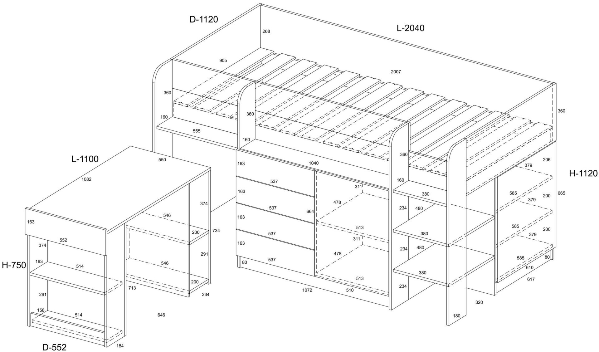EMI P divstāvu gulta, rakstāmgalds, kumode, mezzanīns, grafīta/balts — 5 attēls