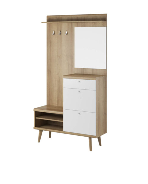Primo PG110 Skapis, Apavu skapis, Pakaramais pamatne, Plaukts, Spogulis, Atvilktne, Riviera Oak/White