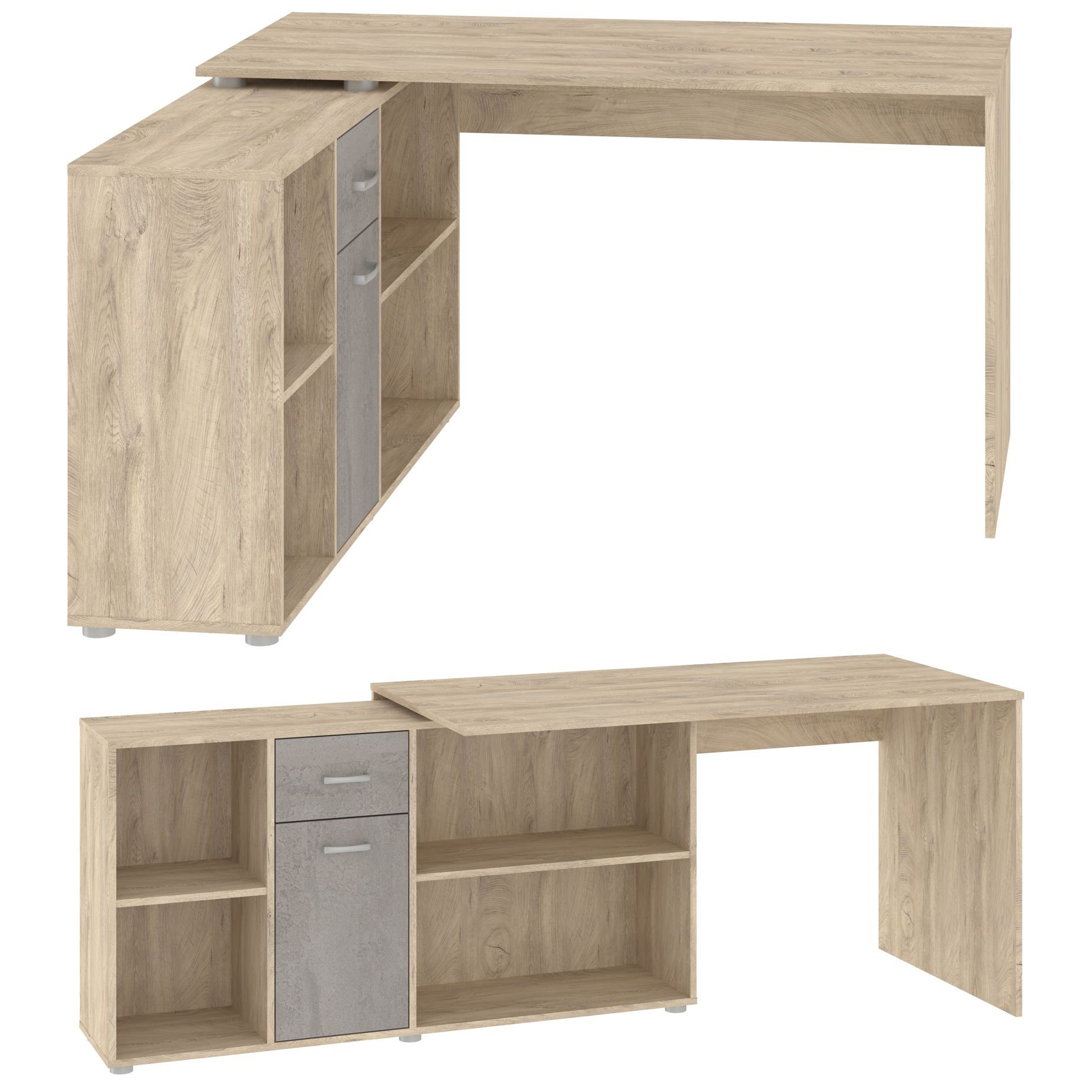 BIT L stūra galds, taisns, ar regulējamu augstumu, spēļu galds, ozolkoka malas, betona pelēks