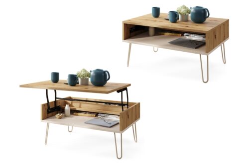 HAIRPIN S-90 Artisan Oak/Beige (Champagne) – MODERNS KAFIJAS GALDIŅŠ AR PACELAMU VIRSMU + UZGLABĀŠANAS NODALĪJUMU + PLAUKTU
