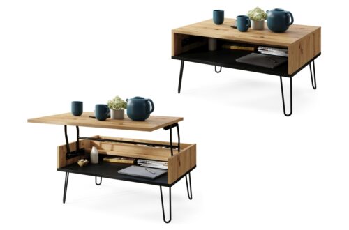 HAIRPIN S-90 Artisan Oak/Matēti melns – MODERNS KAFIJAS GALDIŅŠ AR PACELAMU VIRSMU + UZGLABĀŠANAS NODALĪJUMU + PLAUKTU