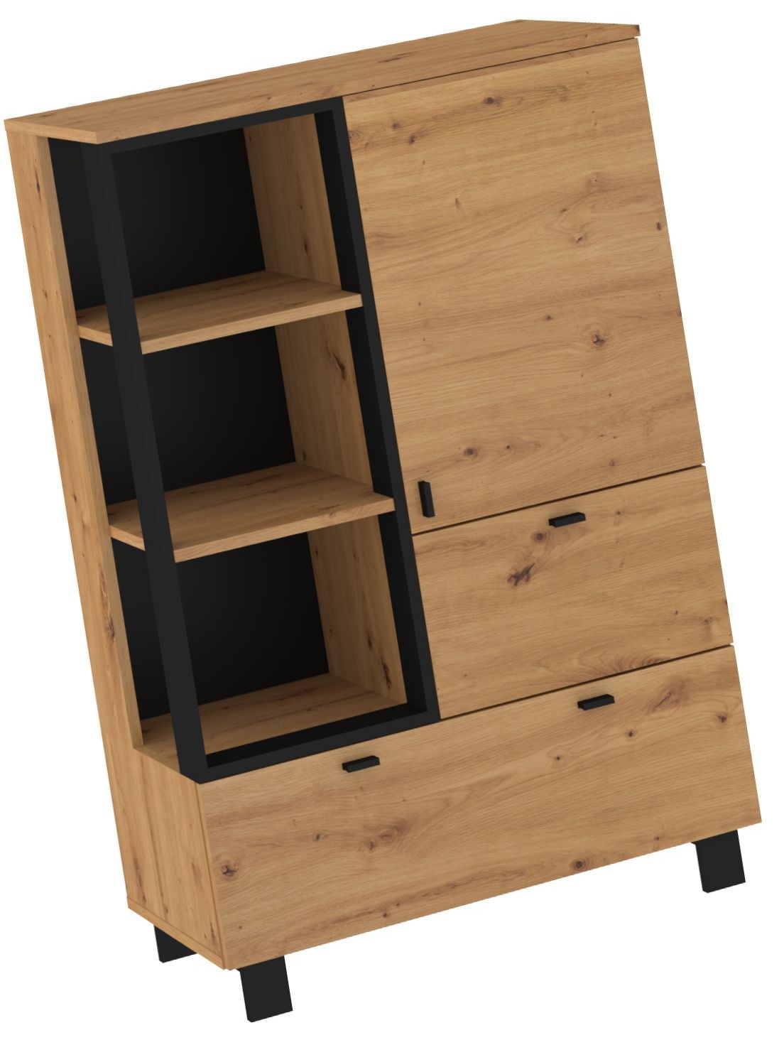 GAVES 06 mēbeles, zems grāmatu skapis ar atvilktnēm, loft stils, artisan ozols, melns — 3 attēls