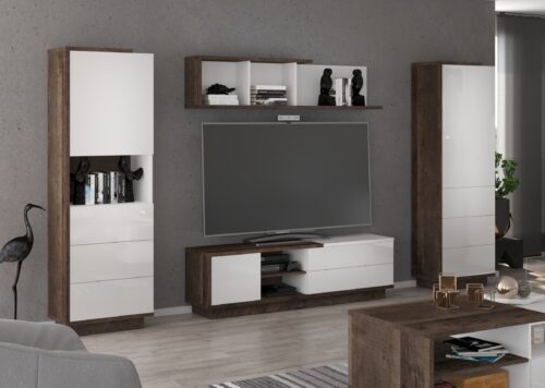BRITA mēbeles #3 sienas skapis, grāmatu plaukts, TV skapis, plaukts, Grange ozols, baltā spīdīgā krāsā