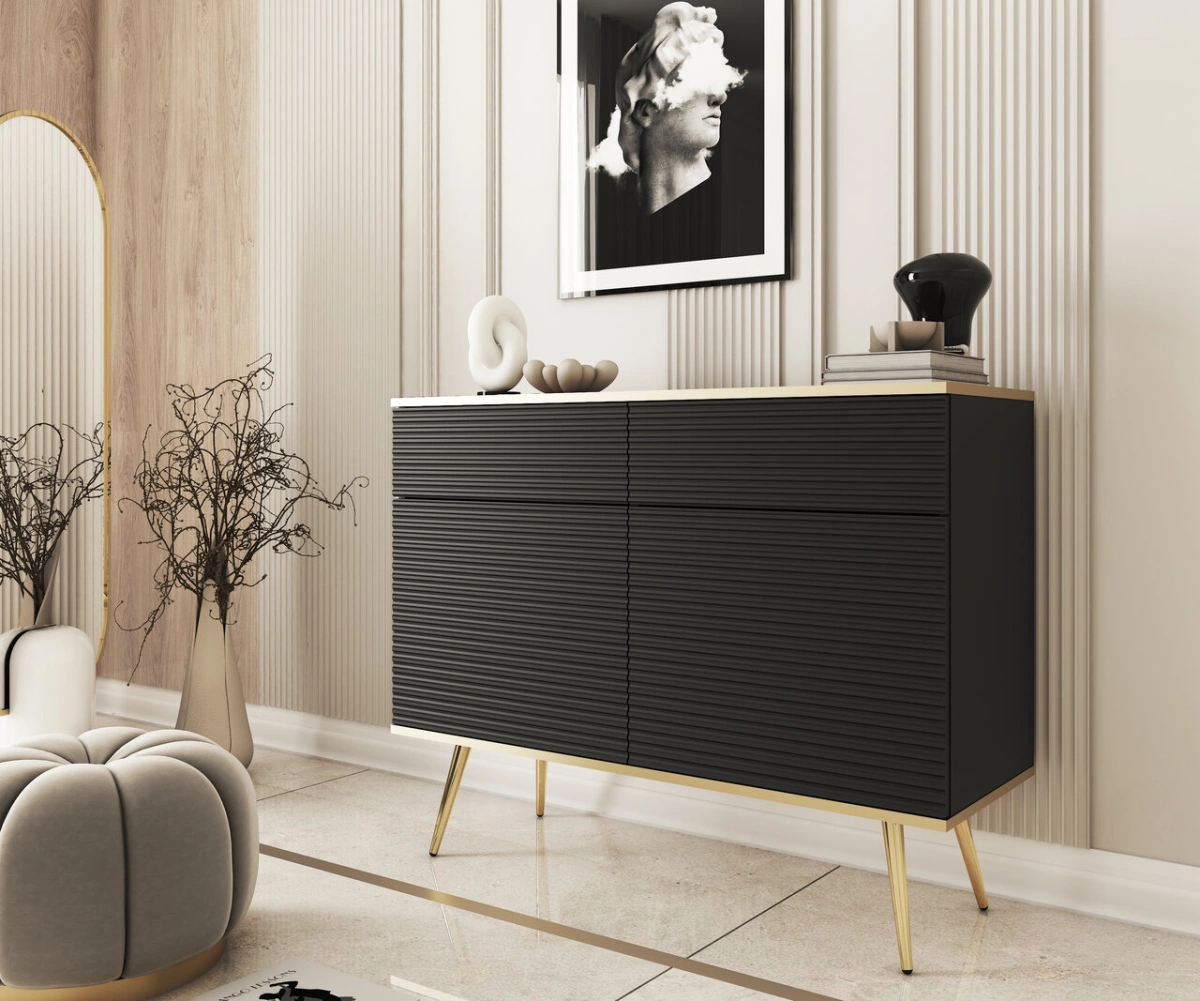 Oro KSZ107 kumode ar skapīšiem un atvilktnēm, melna rievota MDF plāksne — 3 attēls